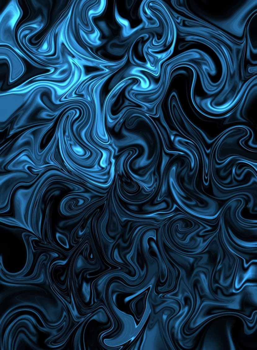 Vibrant blue liquid swirls flow in organic patterns against a solid black backdrop with deep cyan highlights.