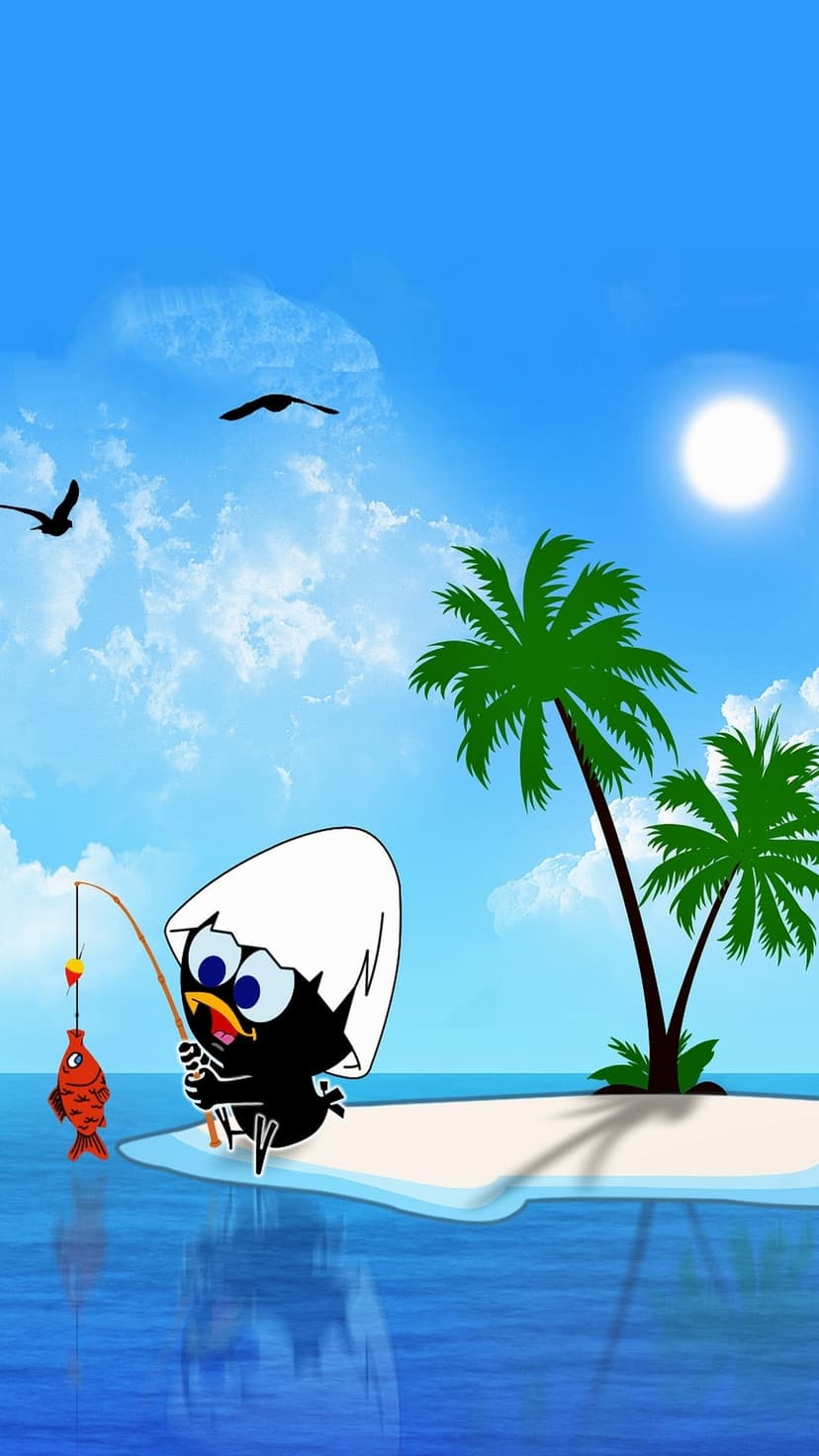 Tiny chick in an eggshell fishing from a sandy island under a bright sun with palm trees and blue water.