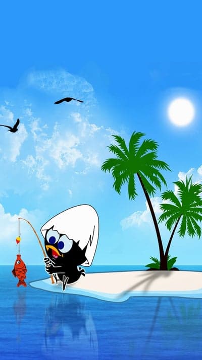 Cute chick fishing on a tropical island