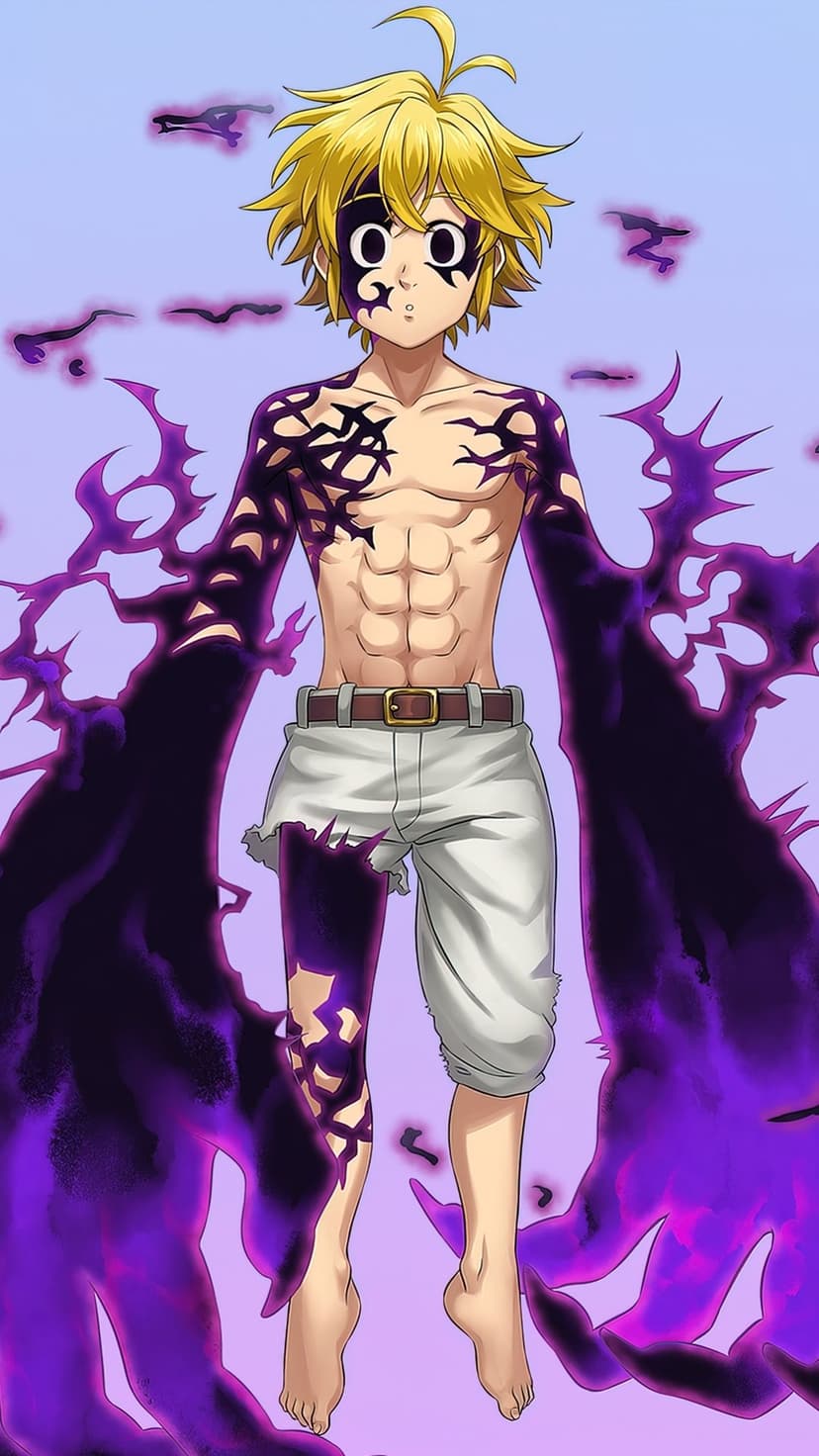 Meliodas in Assault Mode with dark facial markings and blonde hair surrounded by swirling purple demon energy.