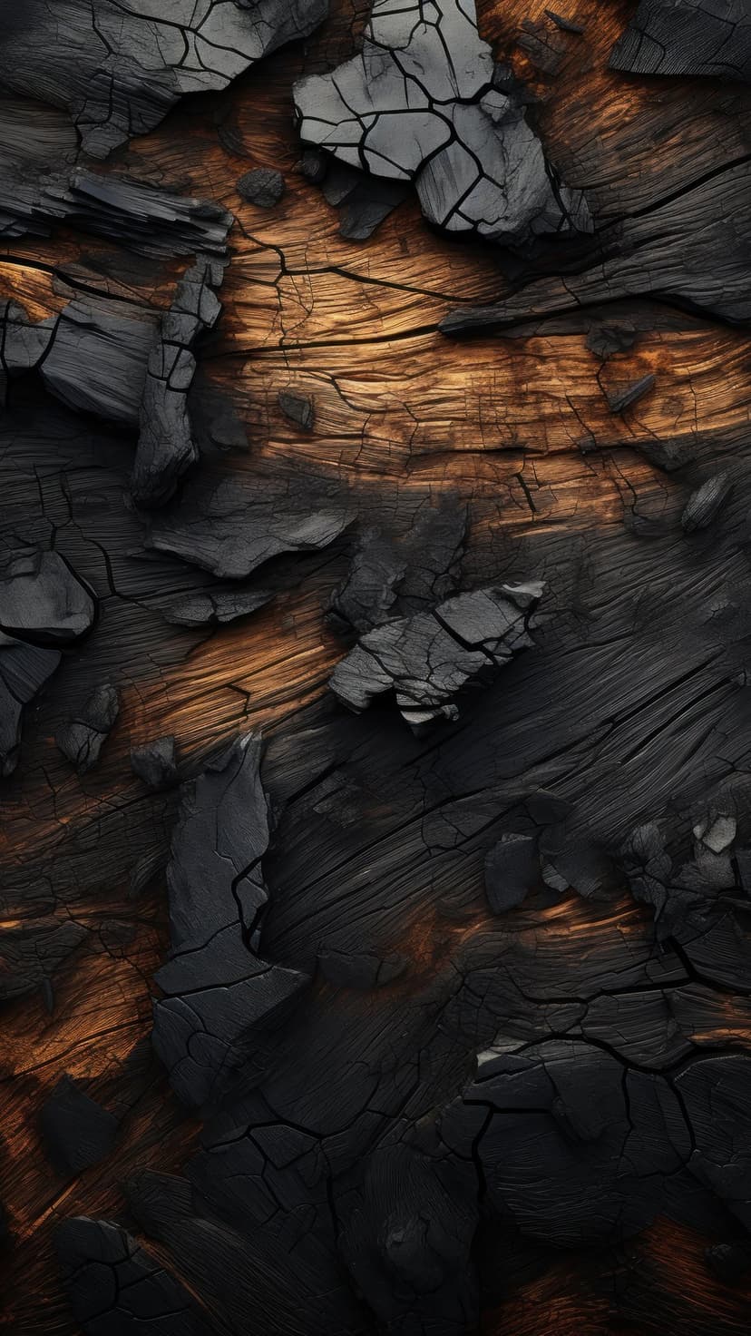 Charred black wood surface cracking to reveal golden brown timber underneath in a high-contrast macro close-up.