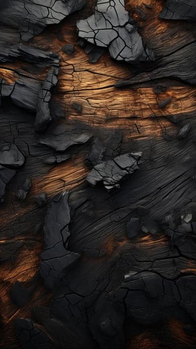 Burnt Wood Texture Close-up with Cracked Charred Surface