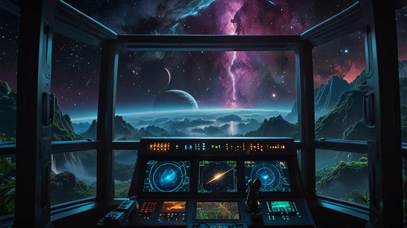 Futuristic starship cockpit overlooks a vibrant alien landscape with purple nebulae and glowing console buttons.