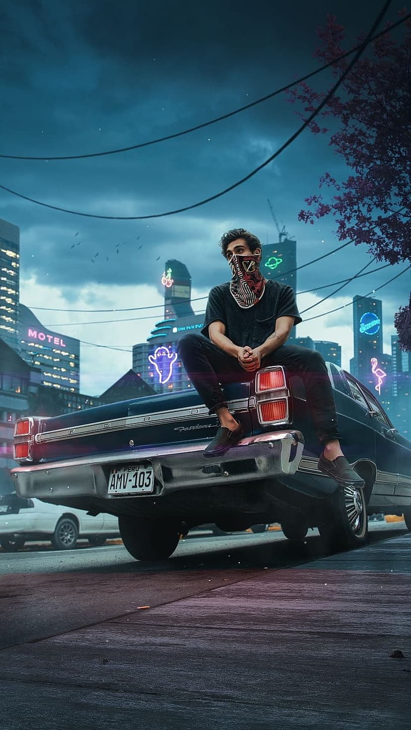 Young man in a bandana sits on a vintage car's trunk under blue neon lights and a futuristic city skyline.