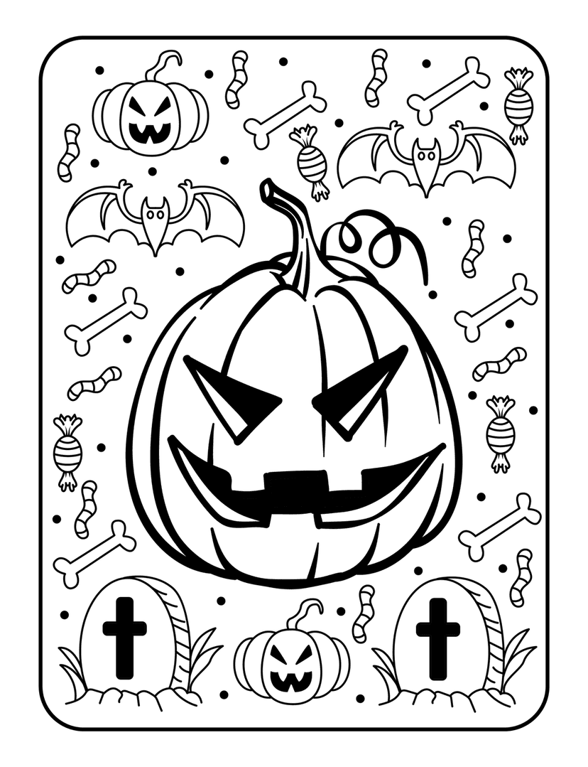 Halloween coloring page featuring jack-o-lantern, ghost, and bats in a moonlit graveyard line art style.