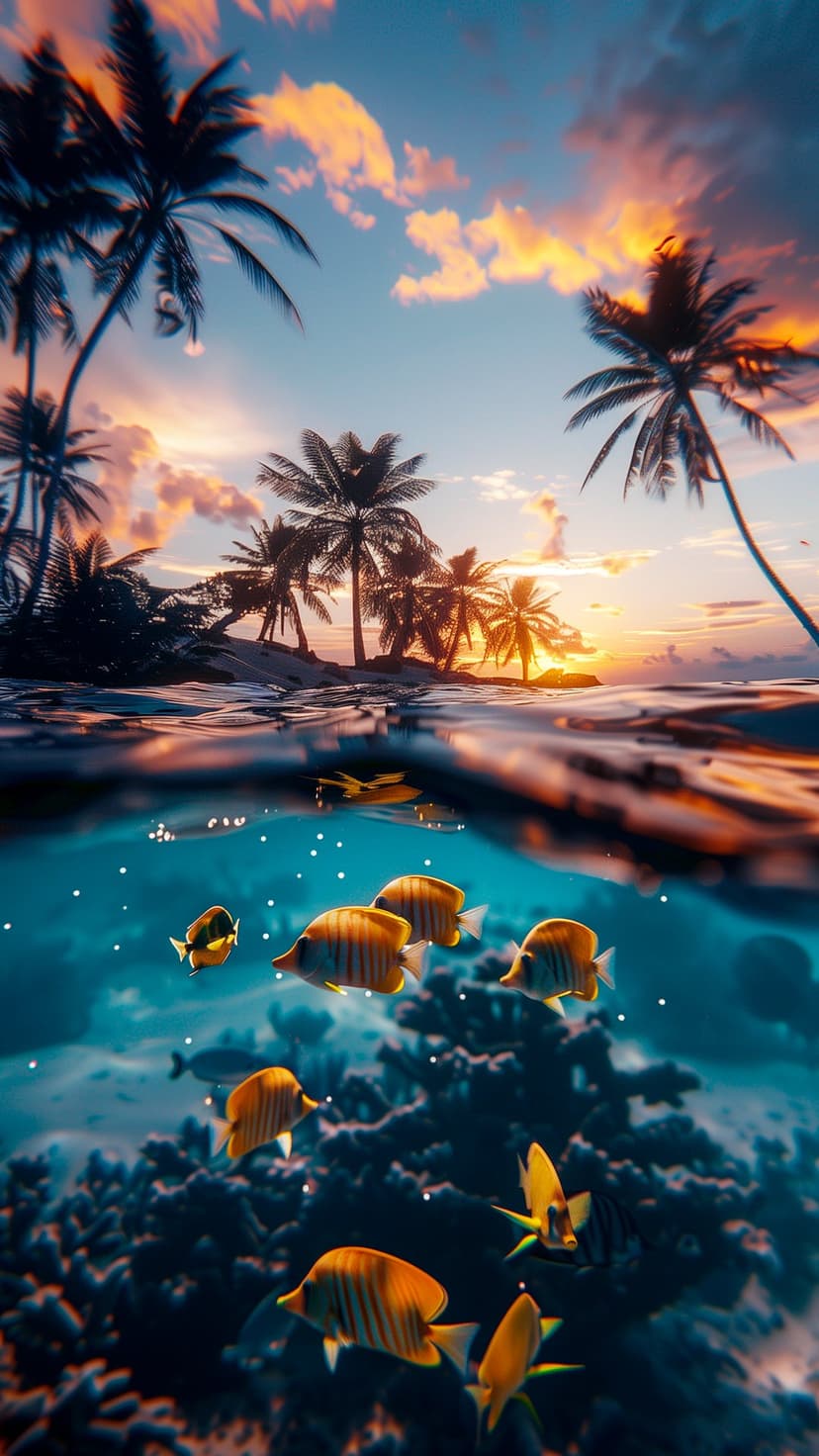 Tropical palms and a purple sunset sky meet a vibrant coral reef filled with yellow and blue exotic fish.