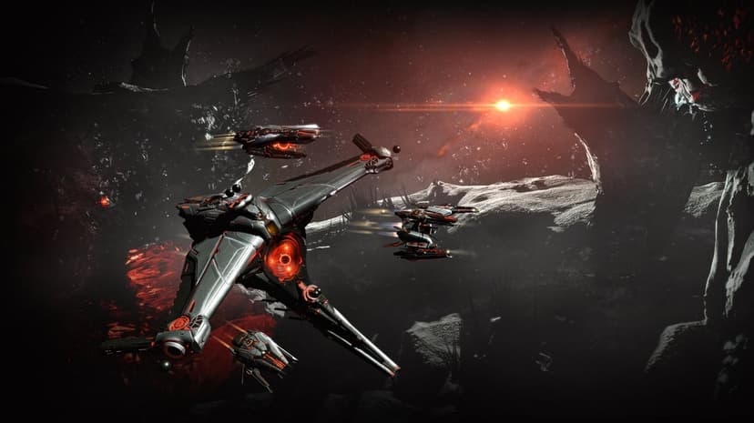 Futuristic starships with red glowing cores fly past jagged rocks toward a bright orange sun in deep space.