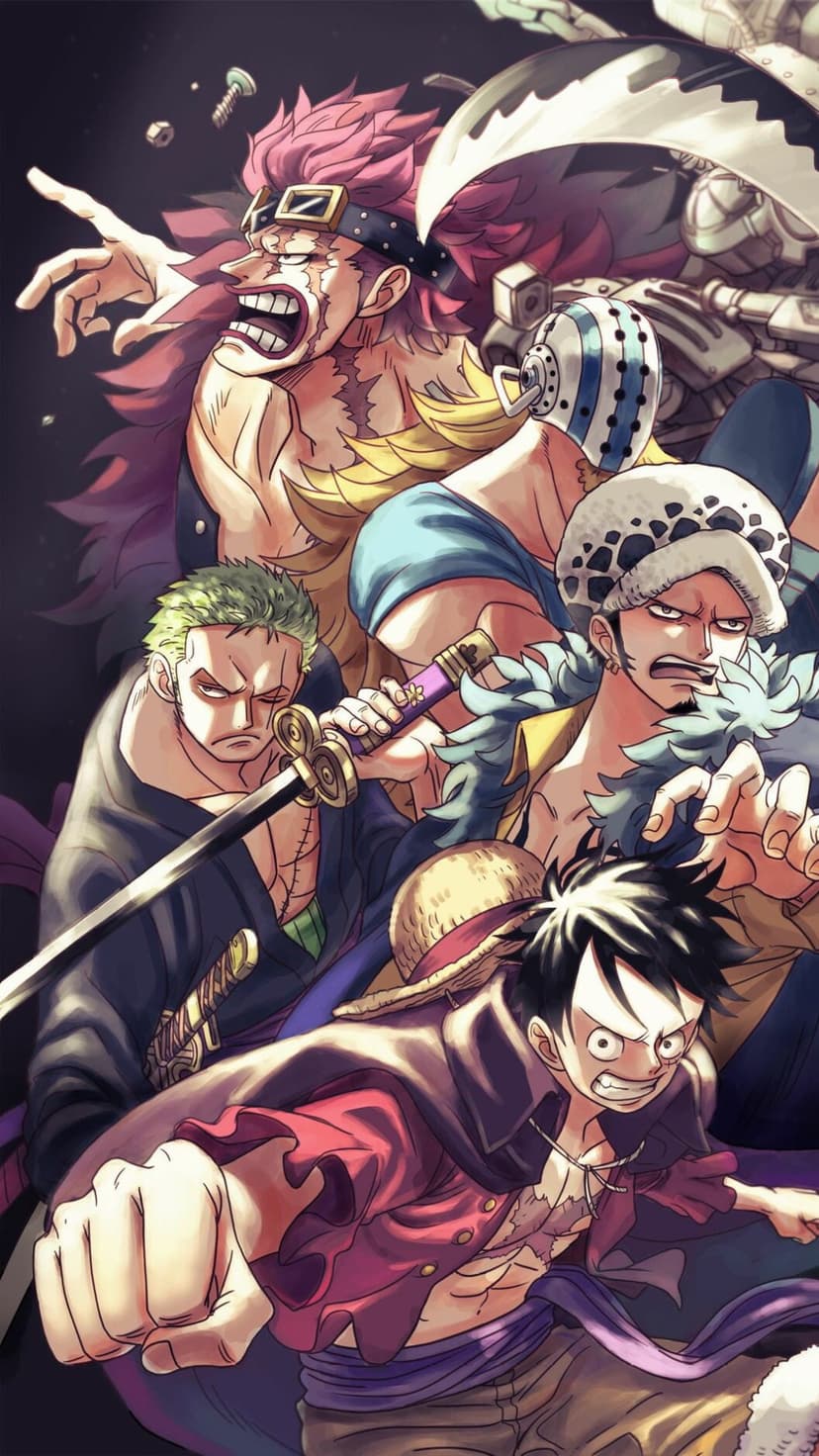 Monkey D. Luffy, Roronoa Zoro, Eustass Kid, and Trafalgar Law stand ready for battle in a dynamic pirate group pose.