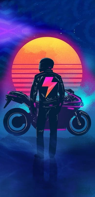 Synthwave Biker Lightning Jacket Retro Sunset Wallpaper