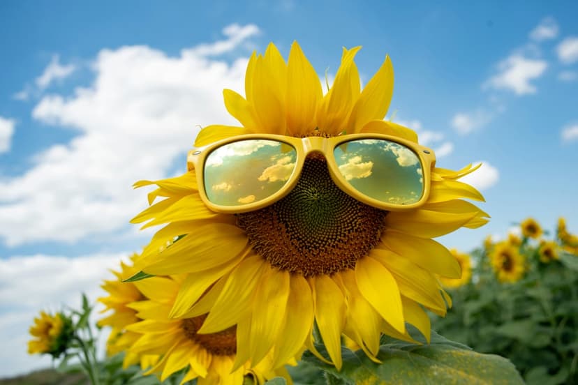 Sunflower wearing yellow sunglasses that reflect a blue sky with white clouds in a bright green field.
