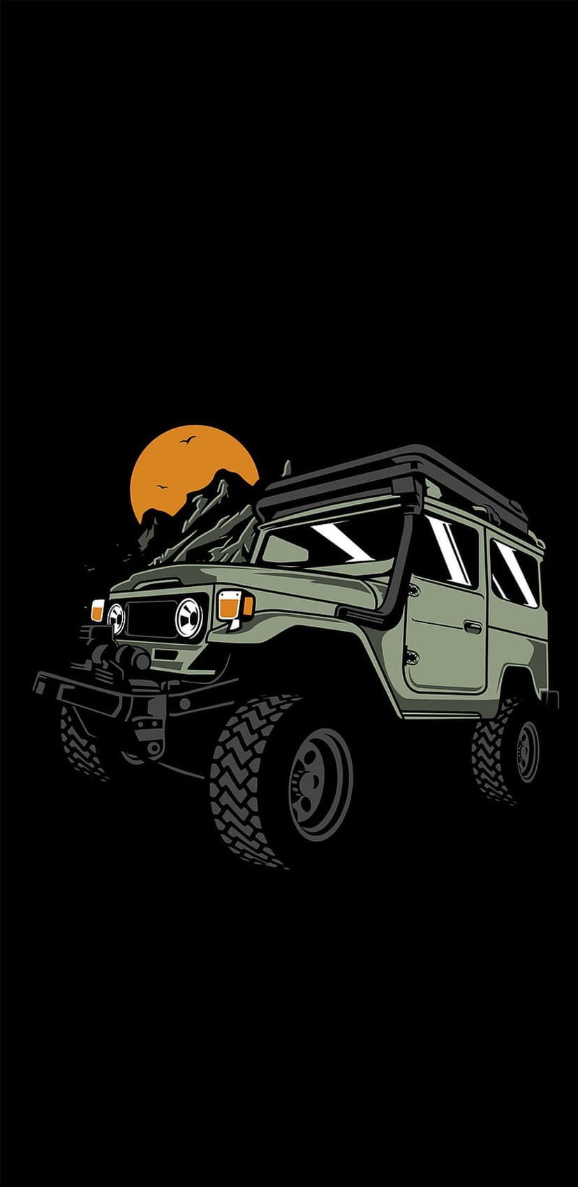 Green off-road vehicle with a roof rack parked on a ridge against a sunset mountain peak with two flying birds.