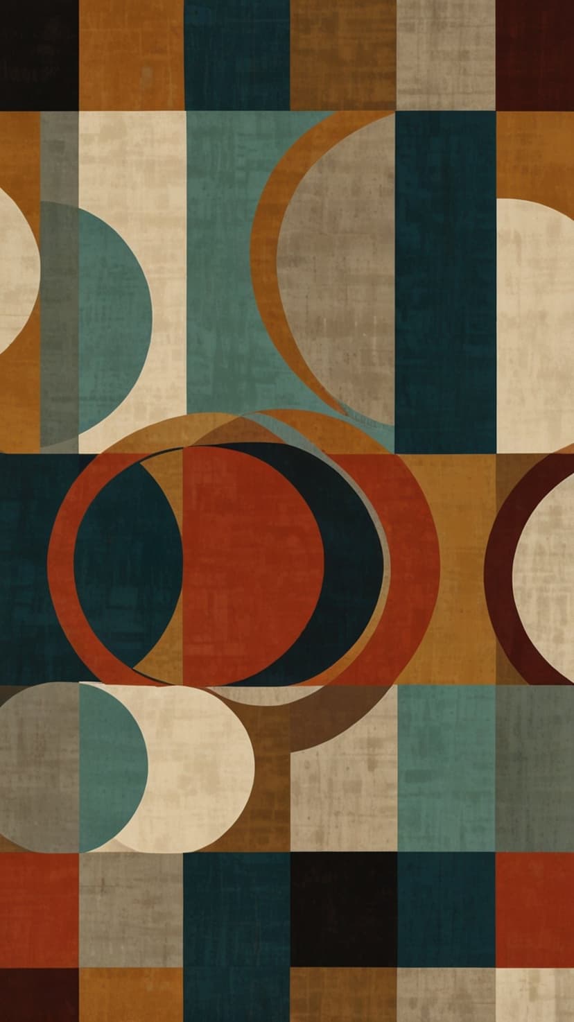 Overlapping circles and rectangles in rust, ochre, and teal feature a woven fabric texture in a vertical layout.