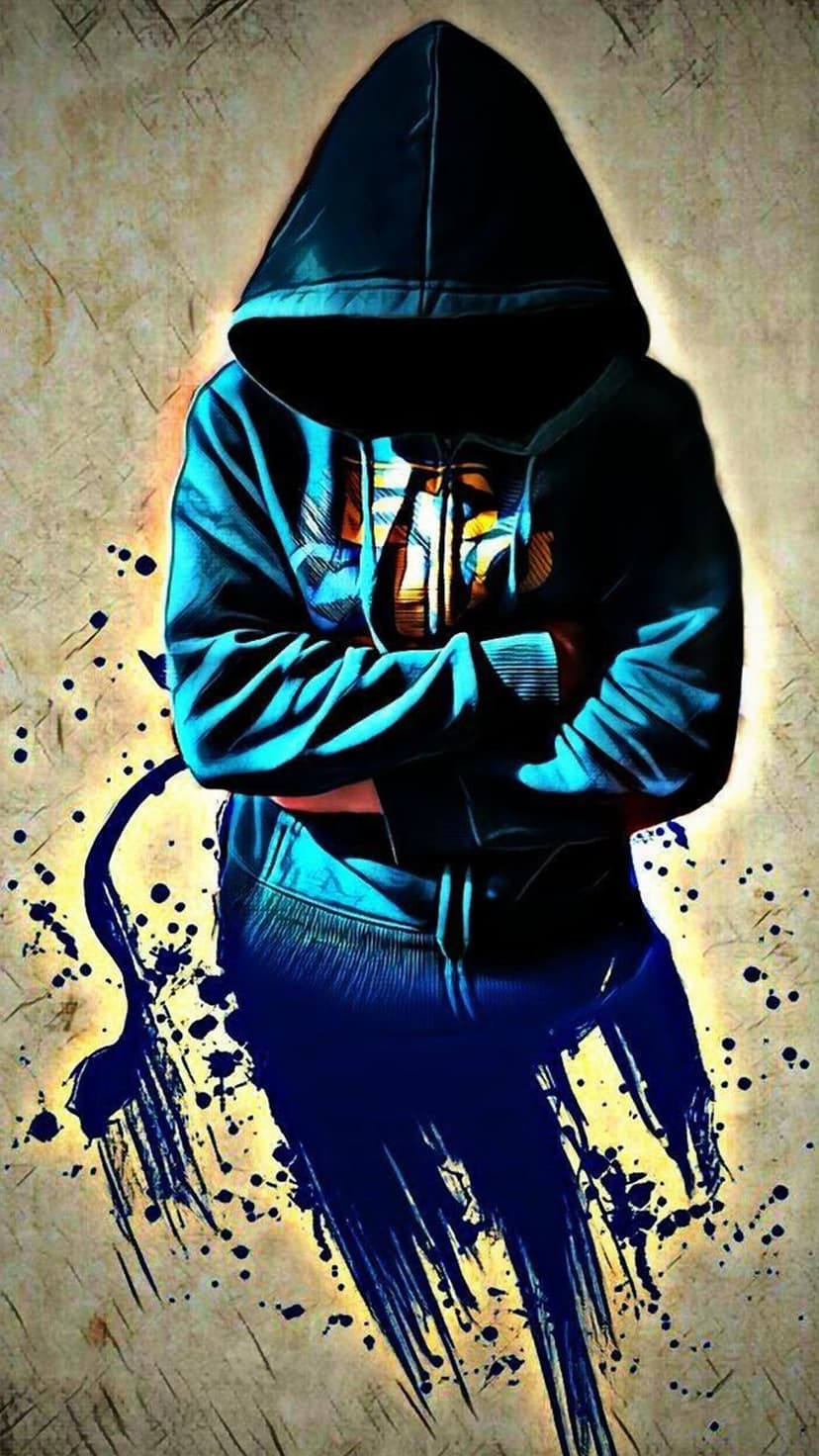 Hooded figure with a hidden face stands with crossed arms over vibrant blue and yellow ink splatters.