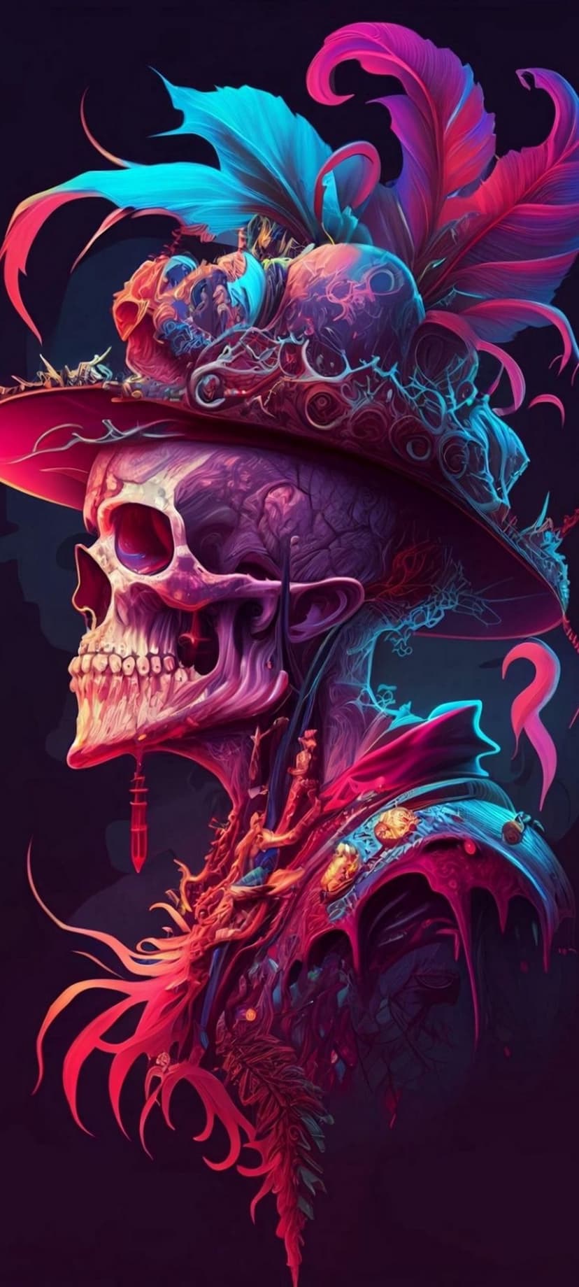 Neon skeleton skull wearing a wide-brimmed hat with large glowing feathers in vibrant blue and pink tones.