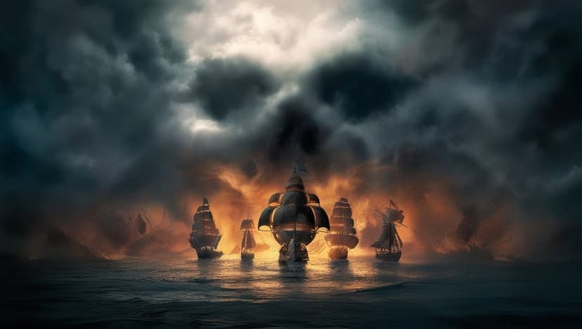Ghostly sailing ships drift through a dark storm with orange light glowing behind thick, swirling clouds.