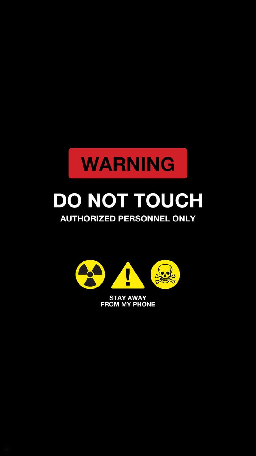 Red warning sign with a skull icon, radiation symbol, and hazard triangle for a mobile lock screen display.