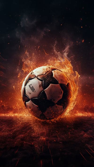 Soccer ball on fire, intense action, dramatic background