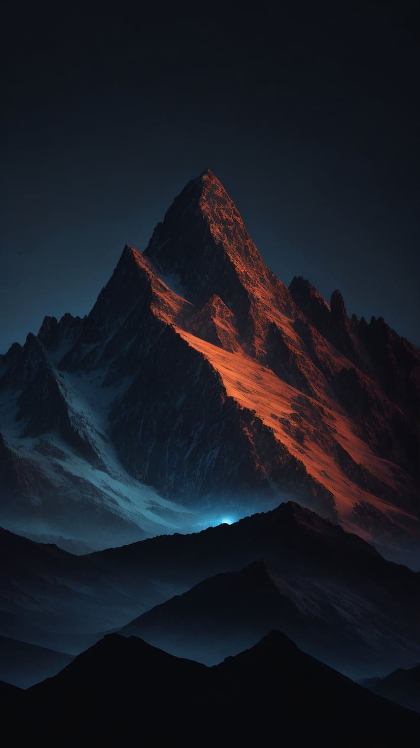 Jagged mountain peaks illuminated by an orange sunset glow against a dark blue sky with deep shadows on the slopes.