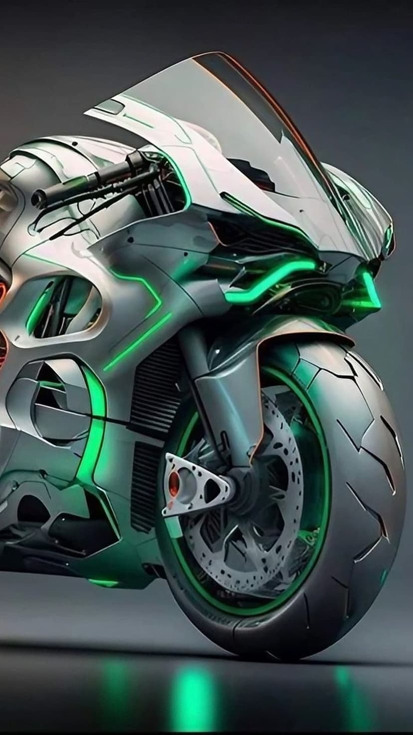 Cyberpunk motorcycle with glowing neon green lights and metallic bodywork on a dark urban street background.