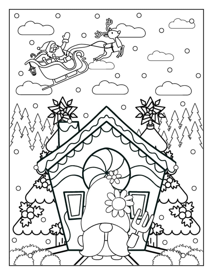 Christmas coloring page with Santa in a reindeer sleigh flying over a gingerbread house and a gnome with a flower.