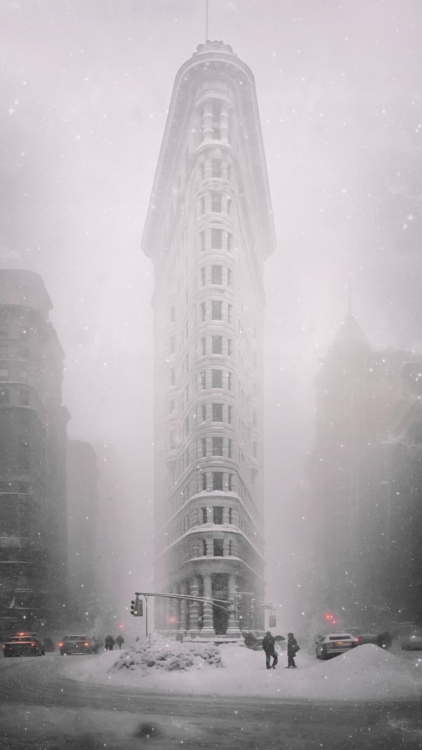 Flatiron Building stands amidst a dense New York City snowstorm with blurred pedestrians and hazy city streets.