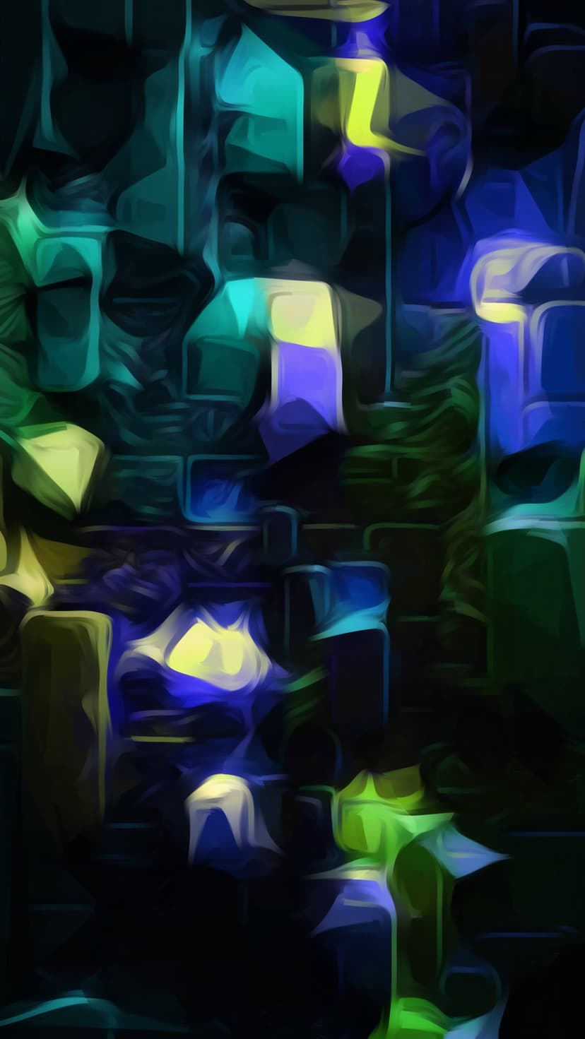 Angular neon blue and lime green geometric shards intersect across a dark, layered abstract composition.