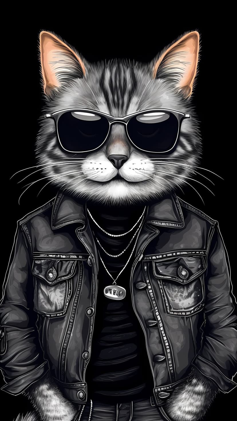 Gray tabby cat wearing dark sunglasses, a black leather jacket, and silver necklaces against a black background.