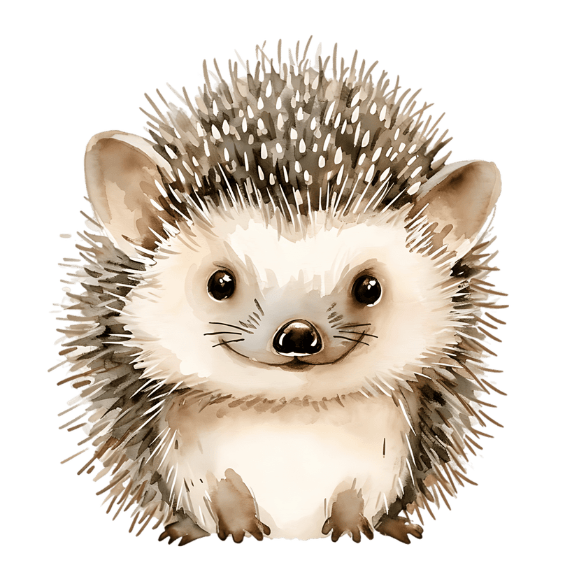 Hedgehog watercolor illustration featuring brown textured spines and a front-facing pose on a transparent base.