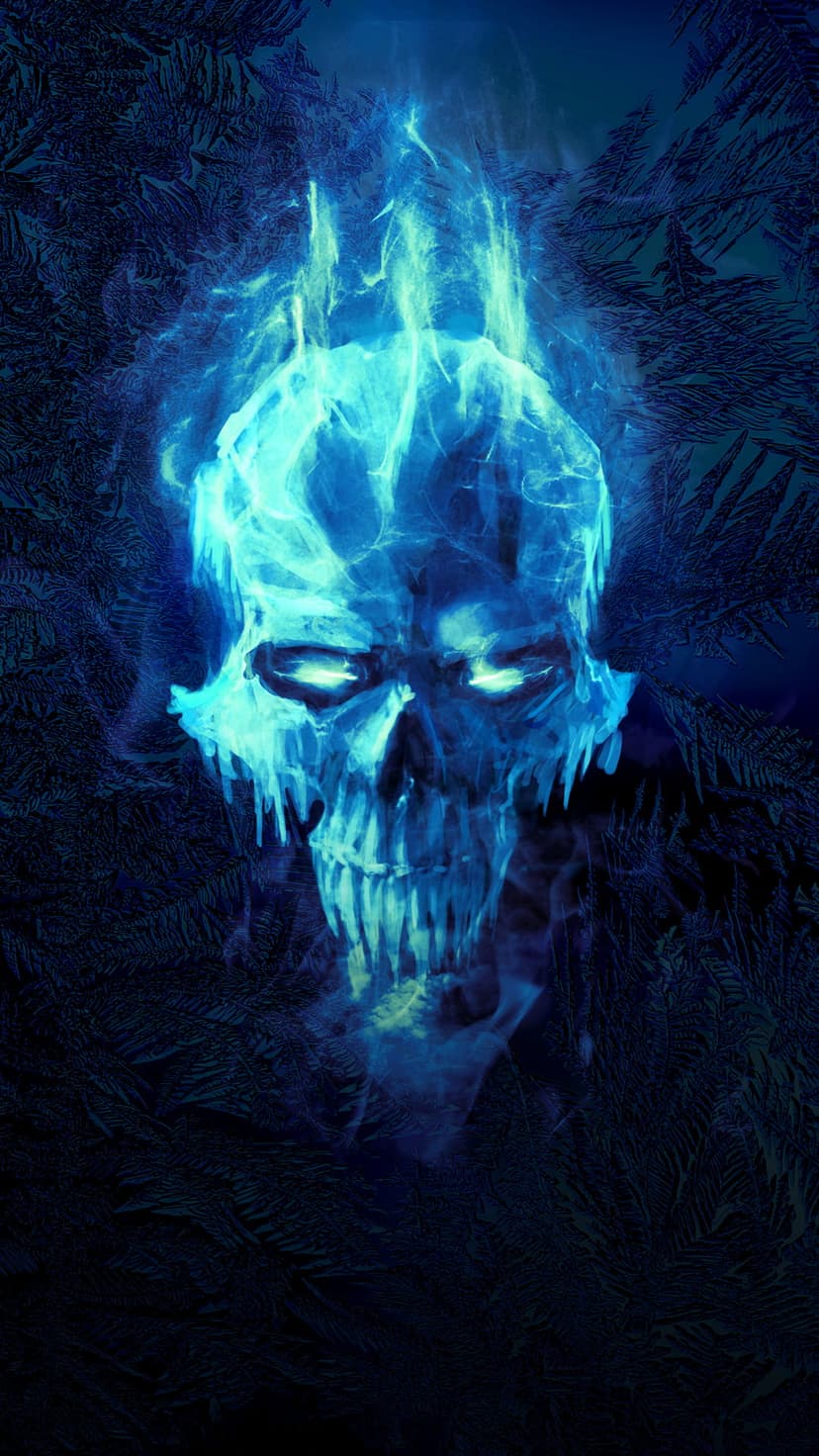 Blue flaming skull with glowing eyes floating in a dark forest surrounded by gnarled trees and ethereal mist.