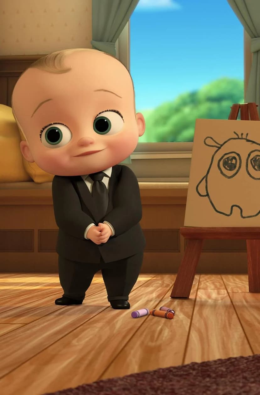 Boss Baby in a black suit stands by an easel with a crayon drawing in a sunlit room with a window background.