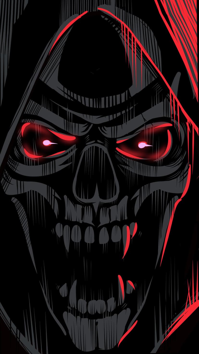 Hooded skull with sharp fangs and glowing red eyes set against a scratched dark grey and black background texture.