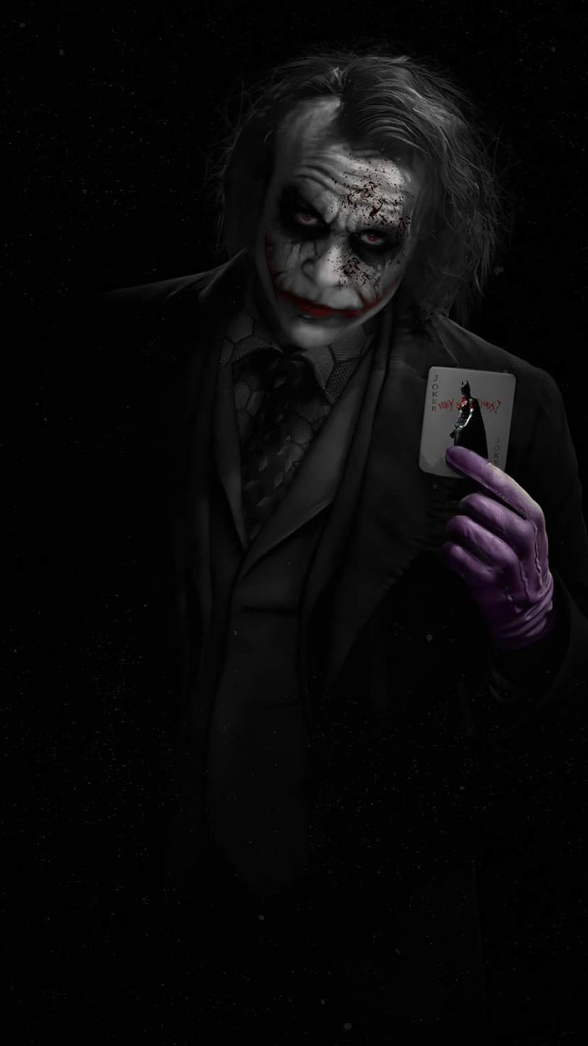 Heath Ledger's Joker smirks from shadows while holding a playing card in this gritty vertical character study.