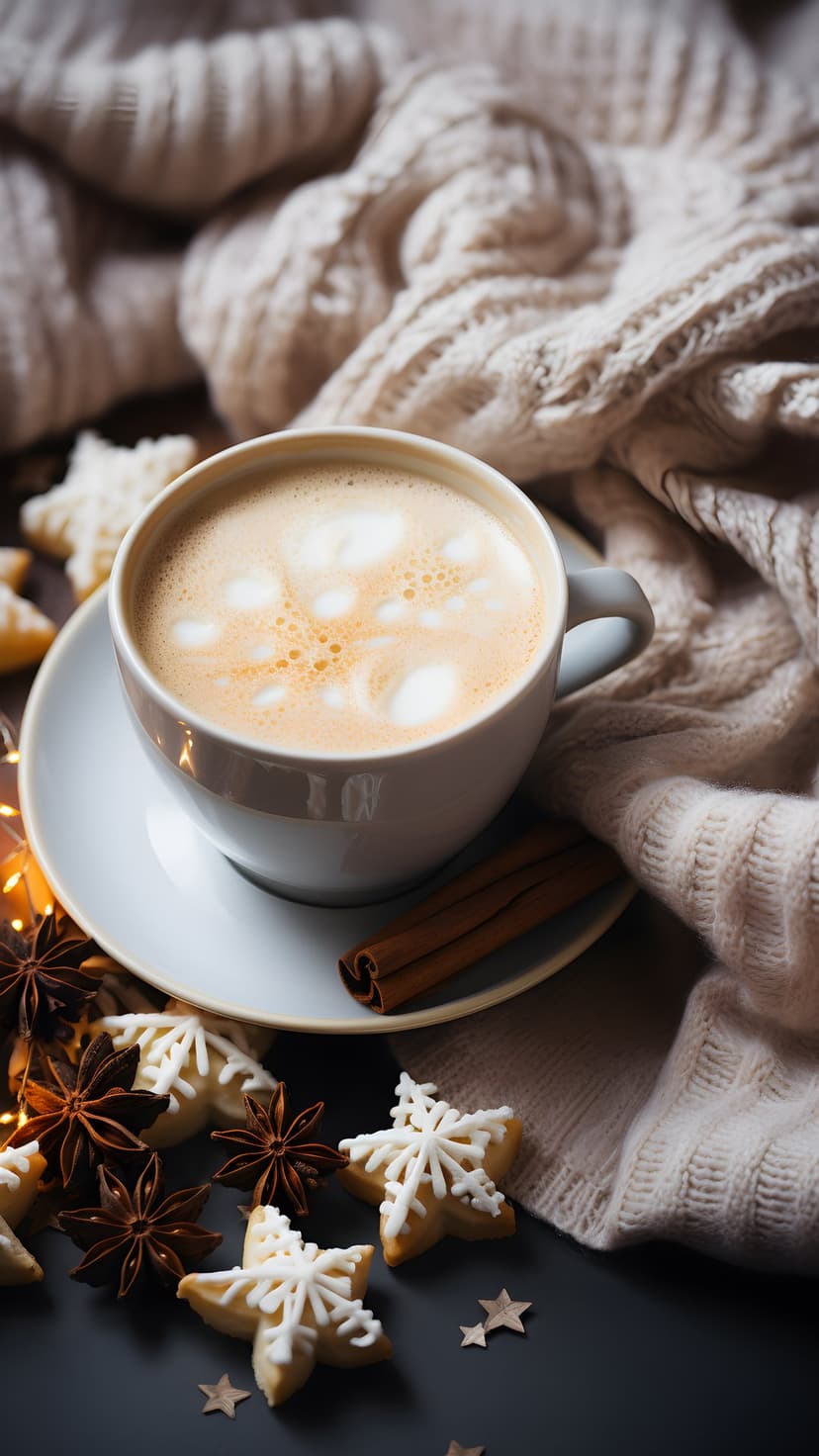 Frothy latte with heart art beside star cookies, cinnamon, and anise on a textured white knitted blanket.