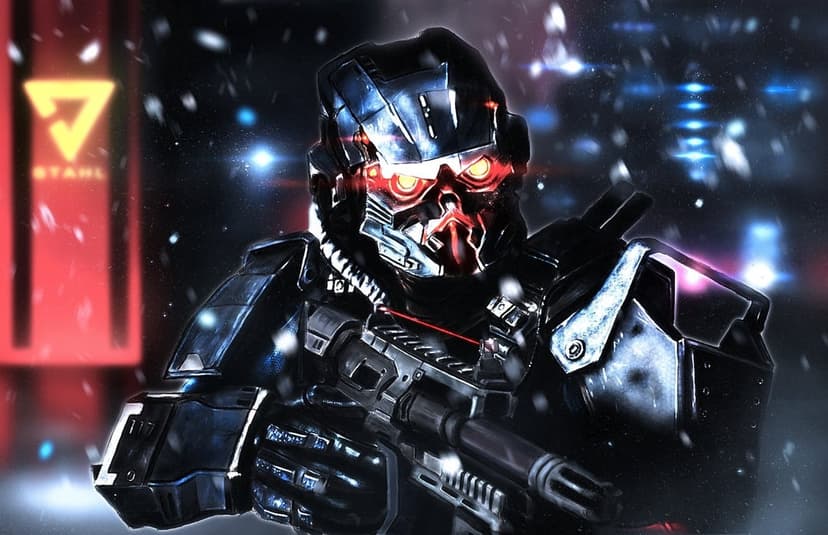 Helghast soldier with glowing red eyes and skull-like armor holding a rifle in a dark snowy sci-fi setting.
