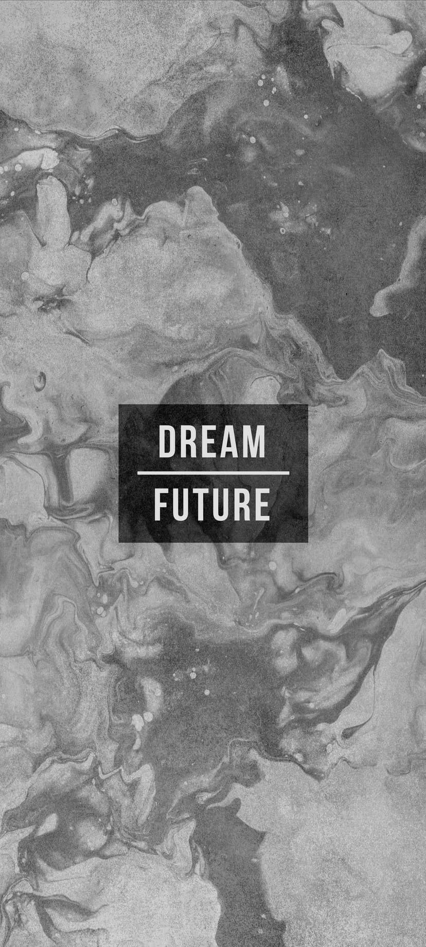 White DREAM FUTURE text inside a black box centered over a monochromatic swirling marble stone pattern.
