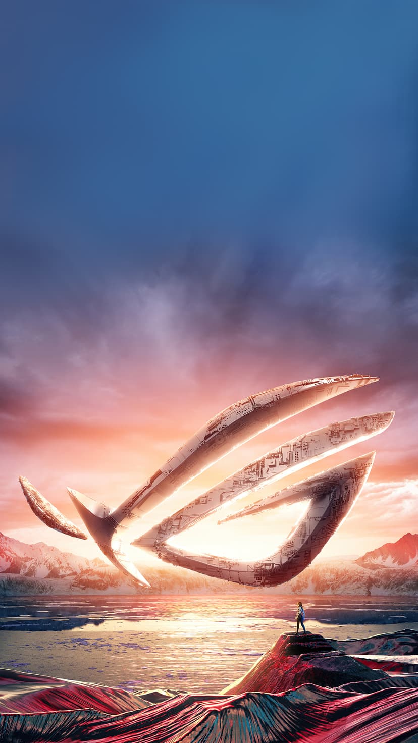 ROG logo floating in a sunset sky above a lone figure on rocks, snowy mountains, and a reflecting lake surface.