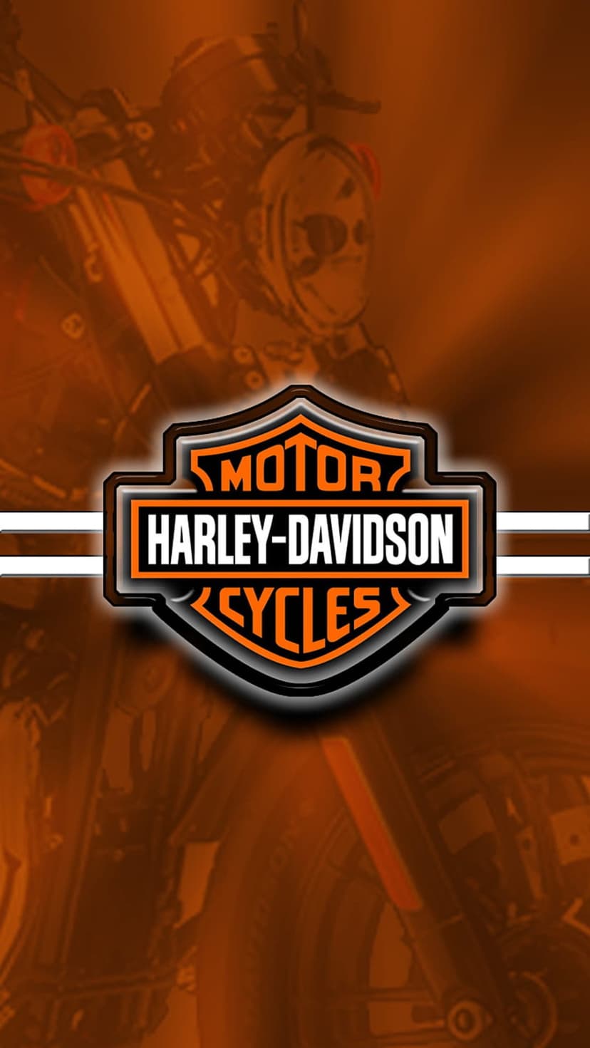 Harley-Davidson logo layered over a vintage motorcycle engine with warm orange lighting and chrome details.