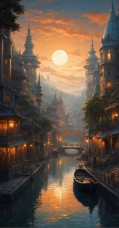 Enchanting canal city at sunset with a full moon