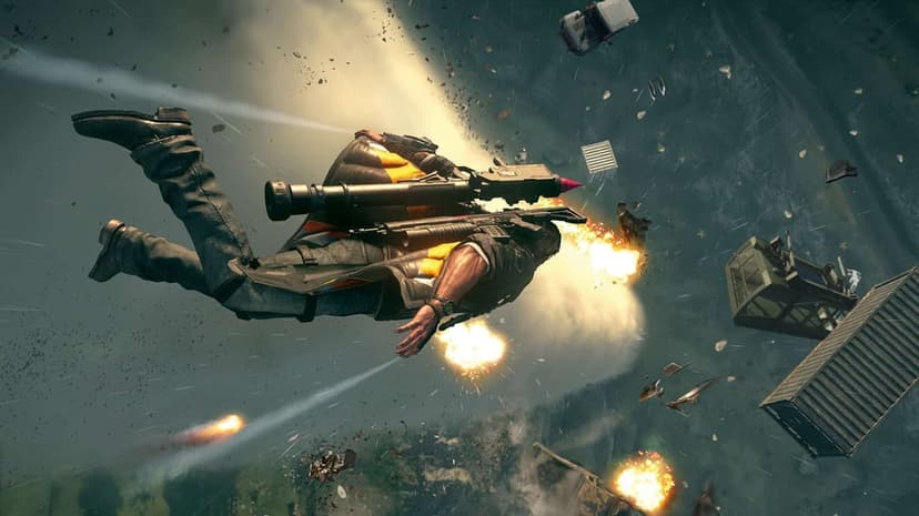Man in wingsuit holds rocket launcher while flying through explosions and falling cargo containers in a stormy sky.