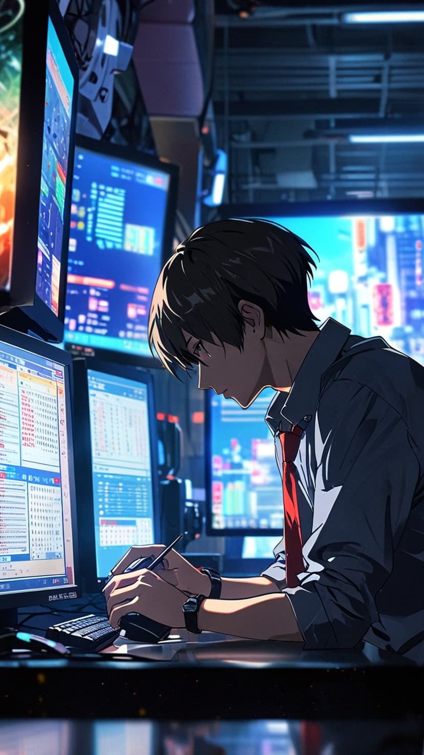 Young man in a shirt and tie focuses on multiple glowing monitors with stock charts in a dark tech office.