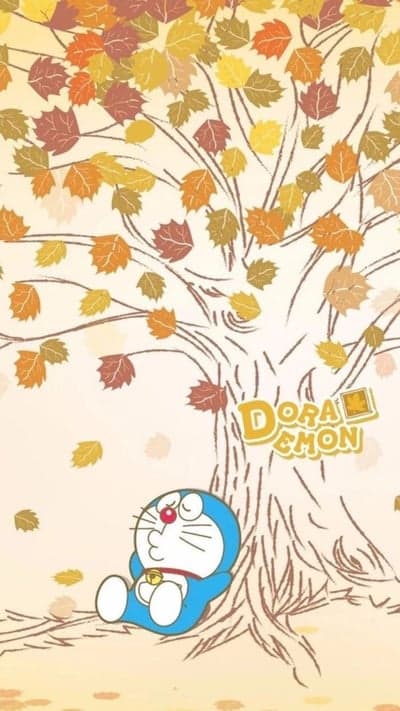 Doraemon Relaxing Under Fall Foliage Tablet Wallpaper
