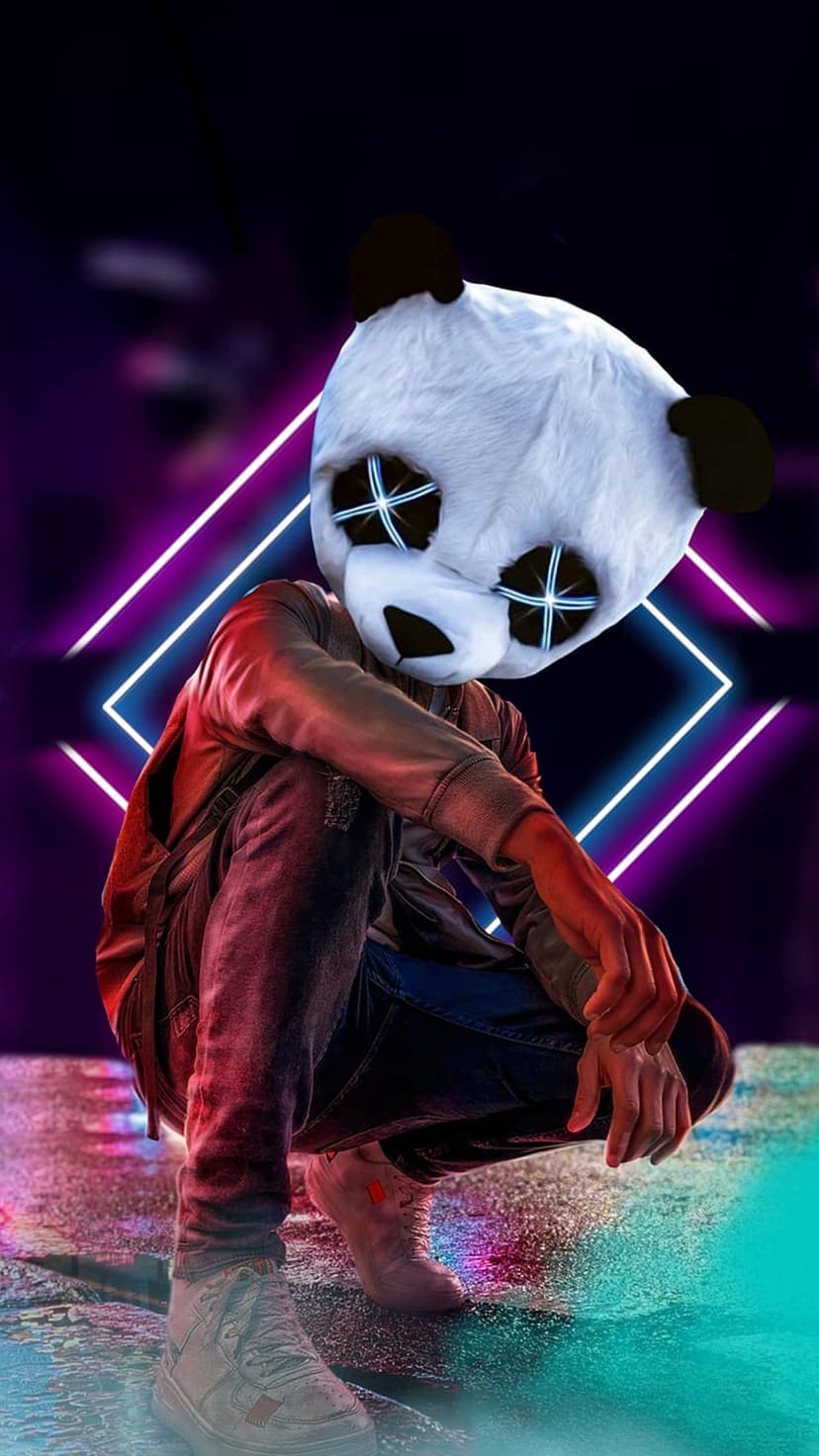 Masked figure with a panda head and glowing eyes crouches on a wet street near purple neon square lights.