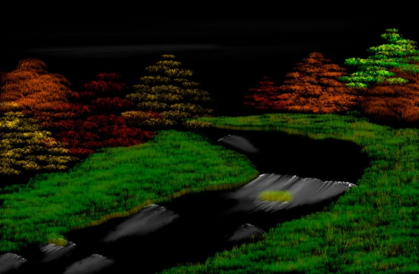 Winding stream flows through a lush meadow bordered by glowing orange and red autumn trees under a dark sky.
