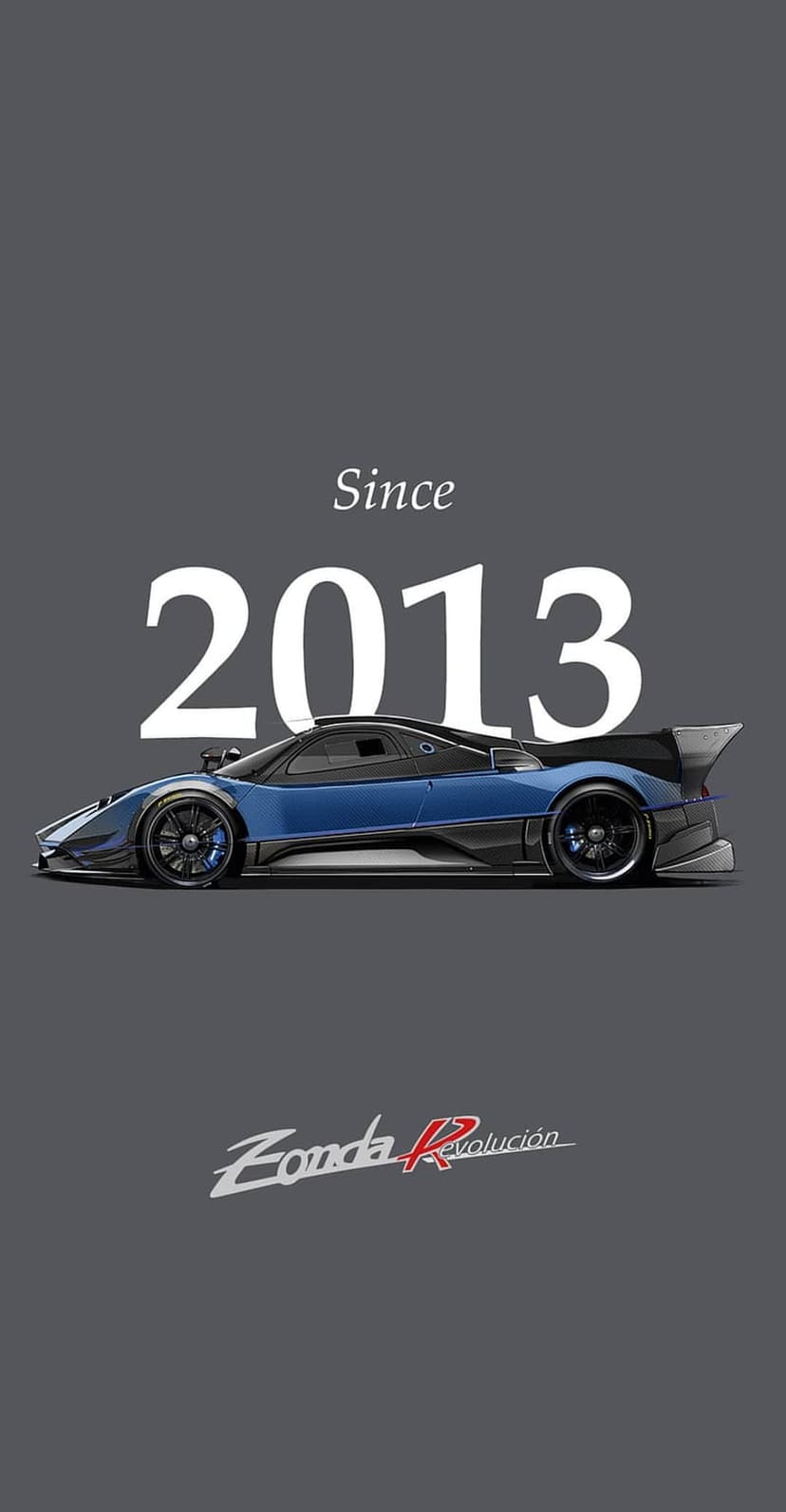 Pagani Zonda R Revolucion in vibrant blue with a large rear wing shown against a dark gray textured background.