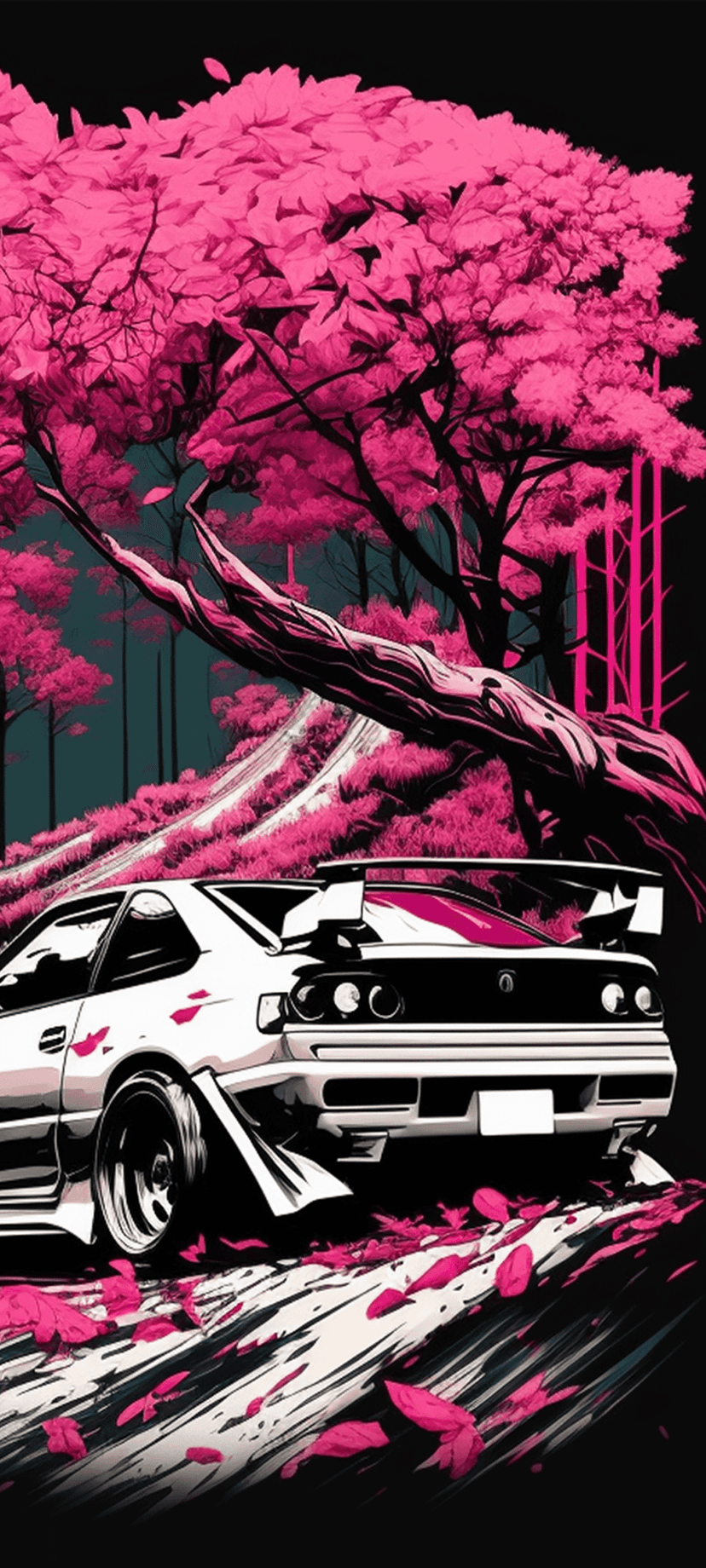 White drift car with a large rear wing sliding past pink cherry blossom trees under a dark night sky.
