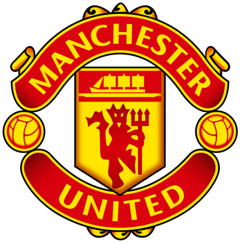 Manchester United football logo crest featuring a red devil, golden shield border, and three-masted ship.
