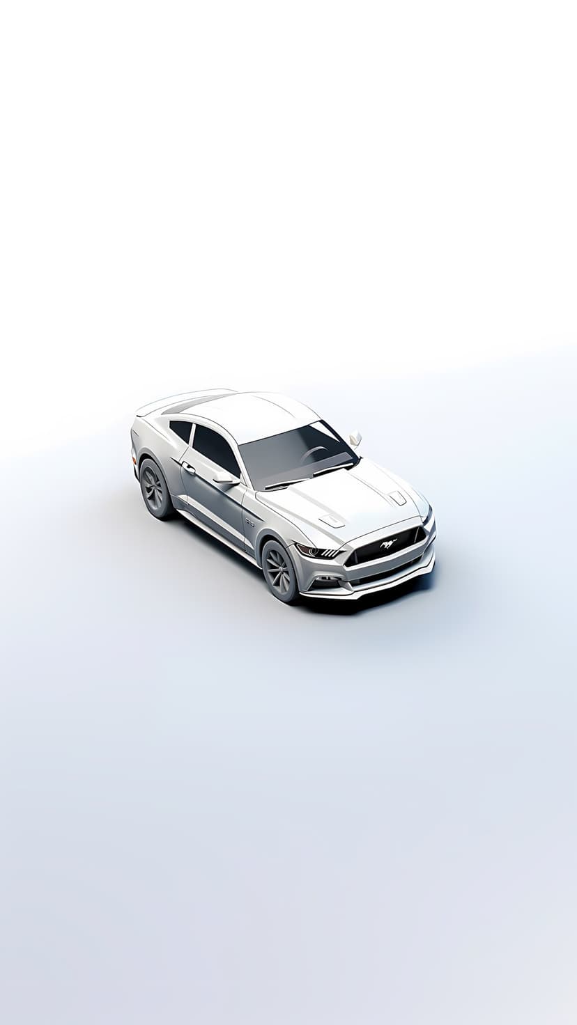 Silver Ford Mustang sports car on a white background with soft shadows and a reflective metallic exterior.