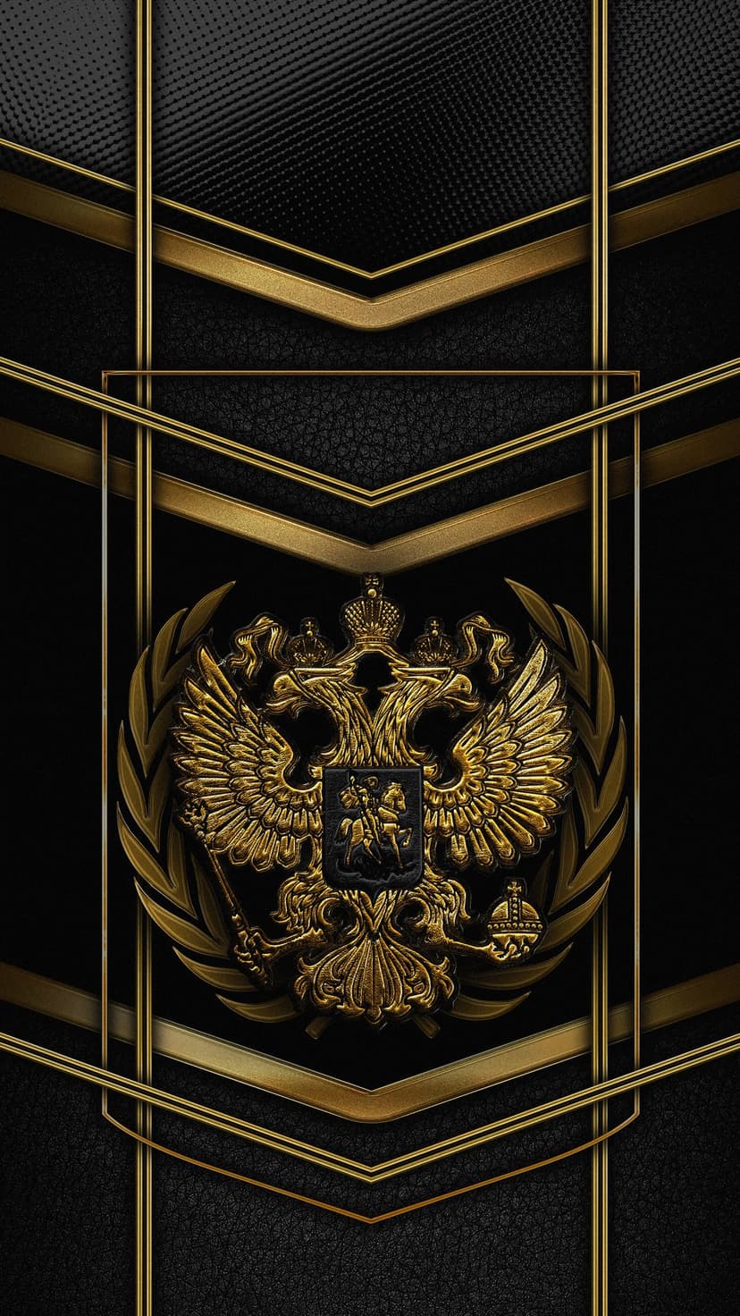 Russian double-headed gold eagle emblem centered on a black textured background with gold geometric line borders.