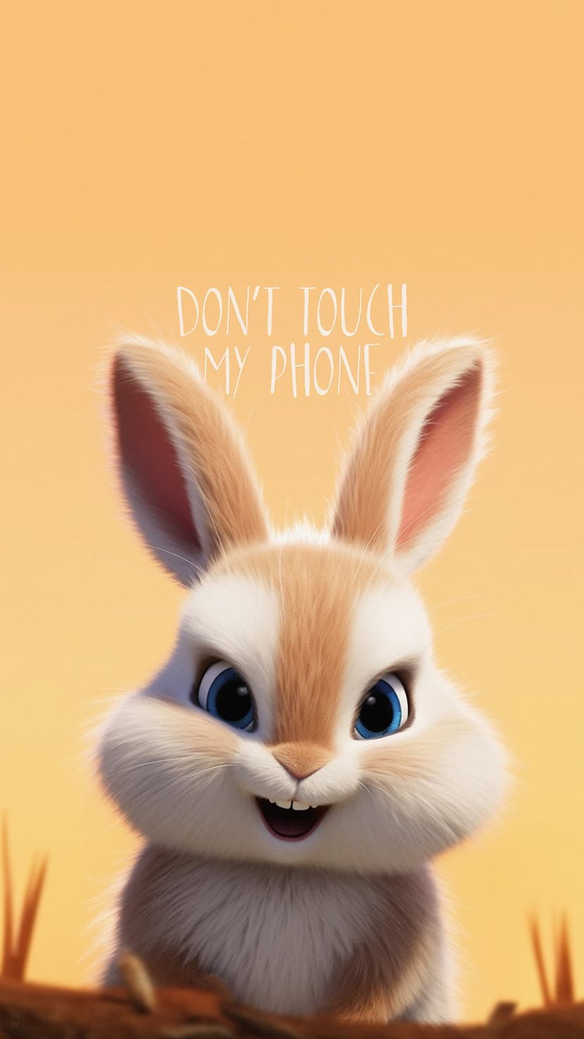 Fluffy white bunny with large blue eyes peeking over a wooden log beneath don't touch my phone text.