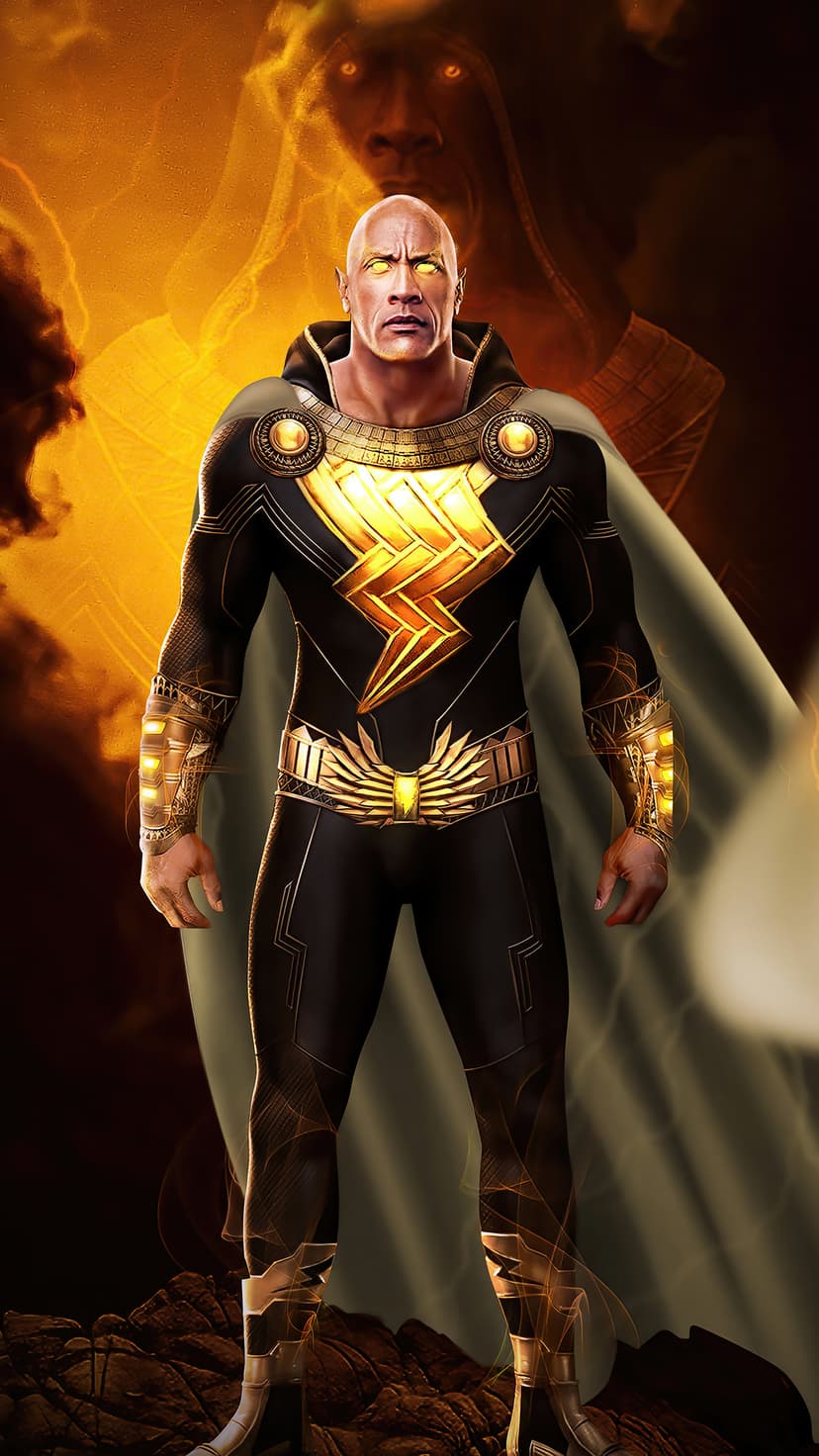 Black Adam wearing a black and gold suit with a glowing lightning bolt stands before a shadowy figure.